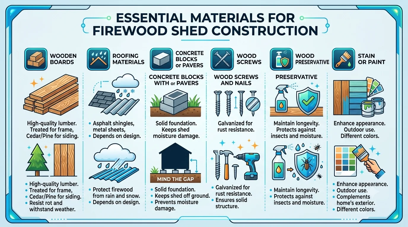 An infographic titled "Essential Materials for Firewood Shed Construction" displaying six columns with icons and text for wooden boards, roofing materials, concrete blocks, wood screws, preservative, and paint.