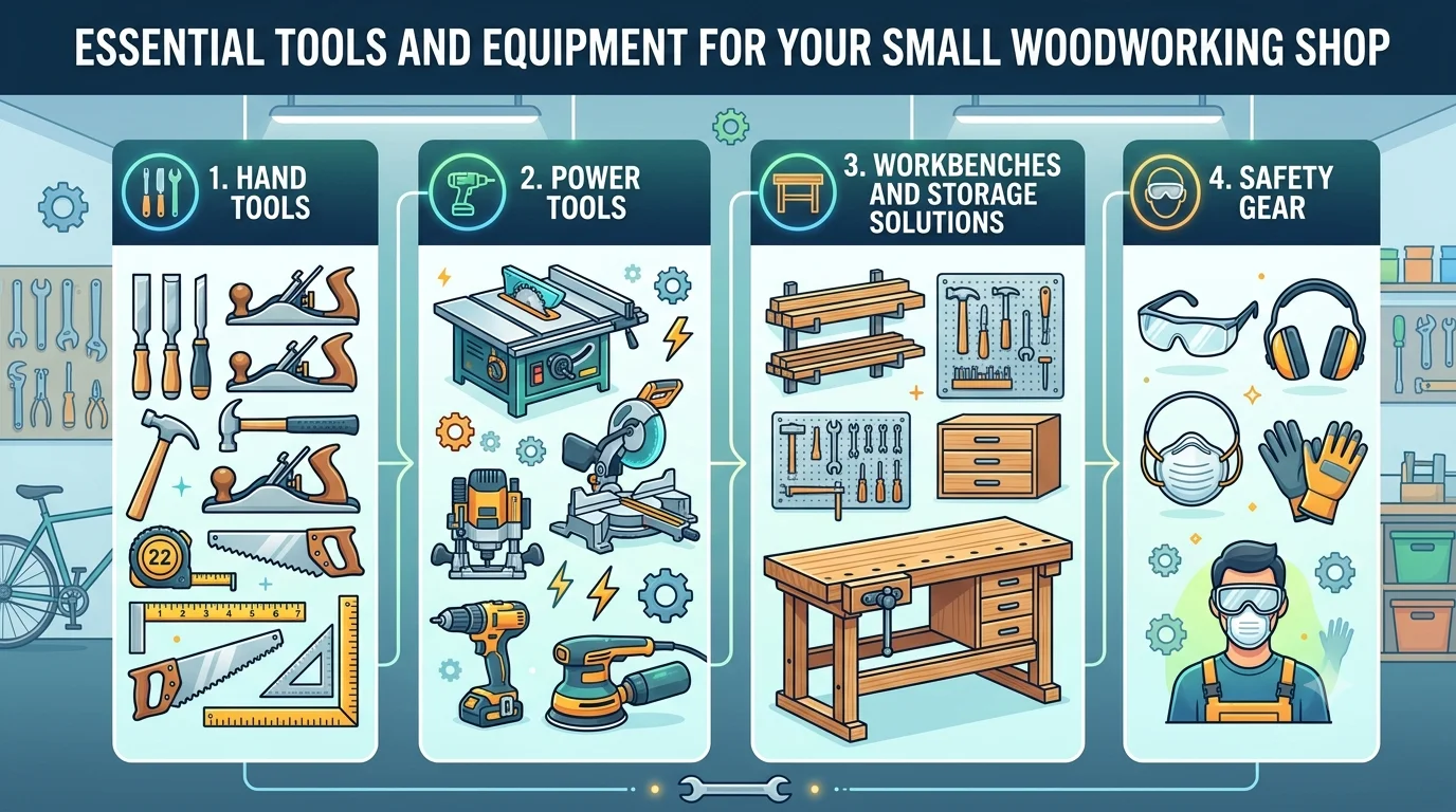 An organizational workshop infographic titled "MAXIMIZING SPACE EFFICIENCY IN A COMPACT WORKSHOP" arranged into six labeled layout panels surrounding a central workbench