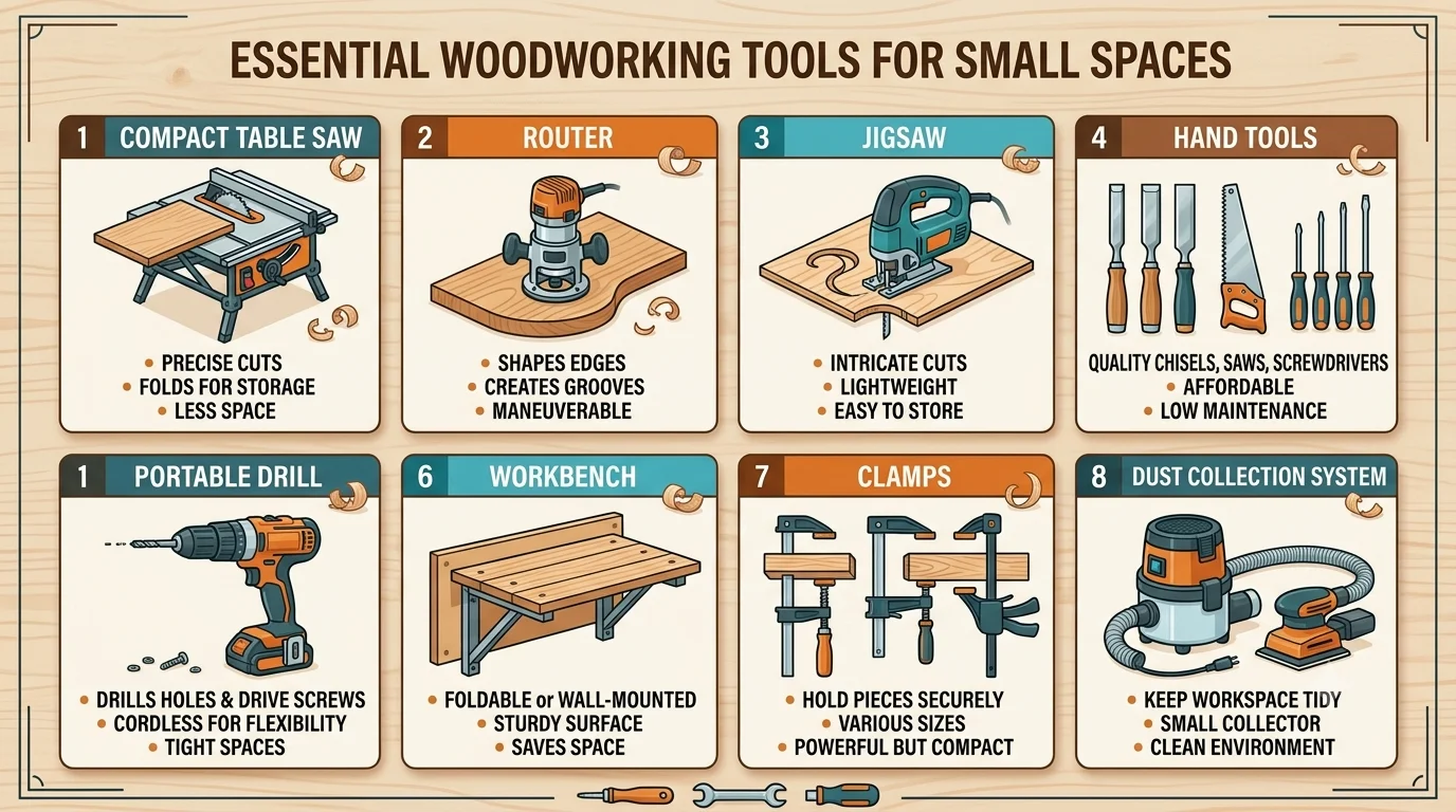 Infographic titled "Essential Small Space Woodworking Tools" featuring an eight-panel grid showing a compact table saw, router, jigsaw, hand tools, portable drill, wall-mounted workbench, clamps, and a dust collection system.