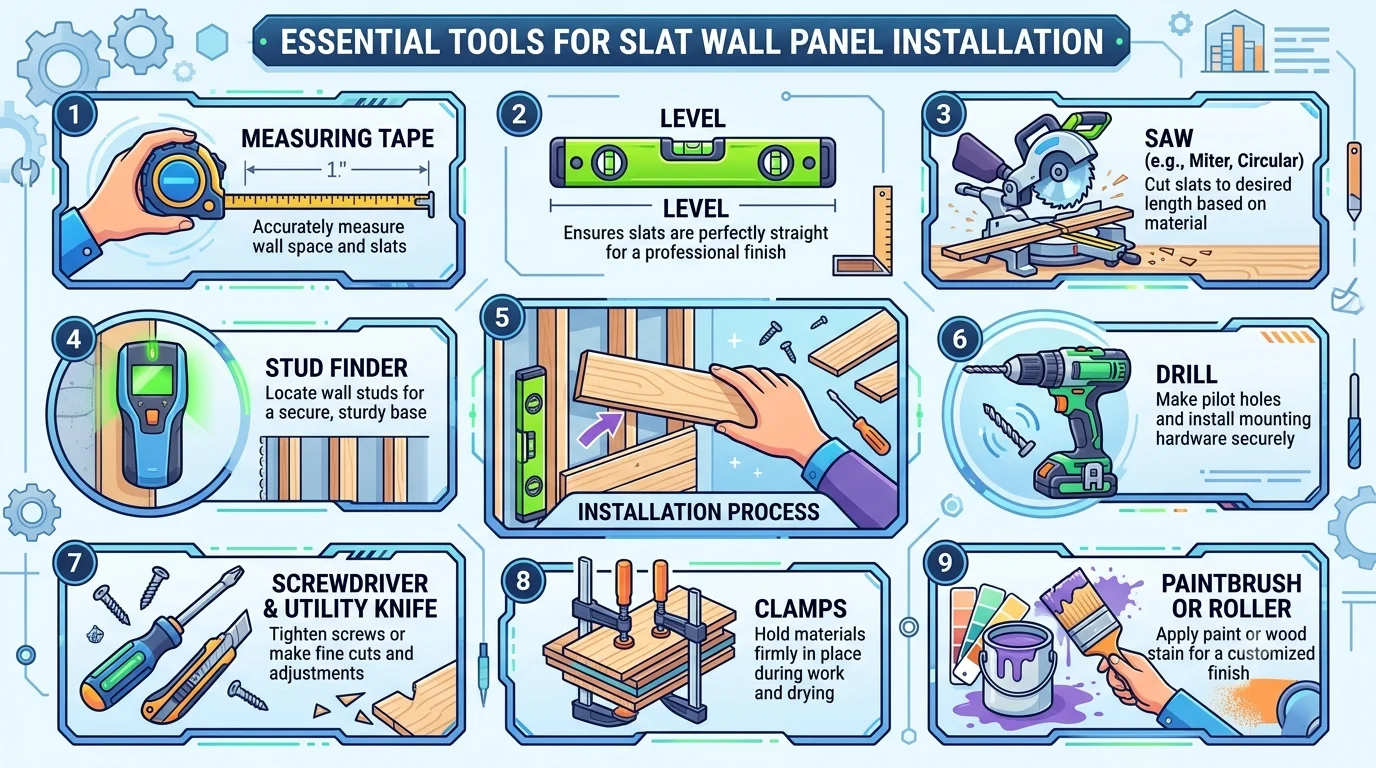 An infographic titled "Essential Tools for Slat Wall Panel Installation" with nine numbered steps. It features colorful, illustrated icons of tools like a measuring tape, level, saw, and drill, with a central section labeled "Installation Process."
