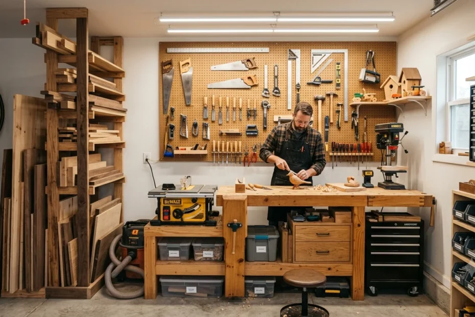 A bearded man in a plaid shirt and apron carves a piece of wood at a workbench in a hyper-organized small garage workshop with extensive pegboard storage, wood racks, and tools.