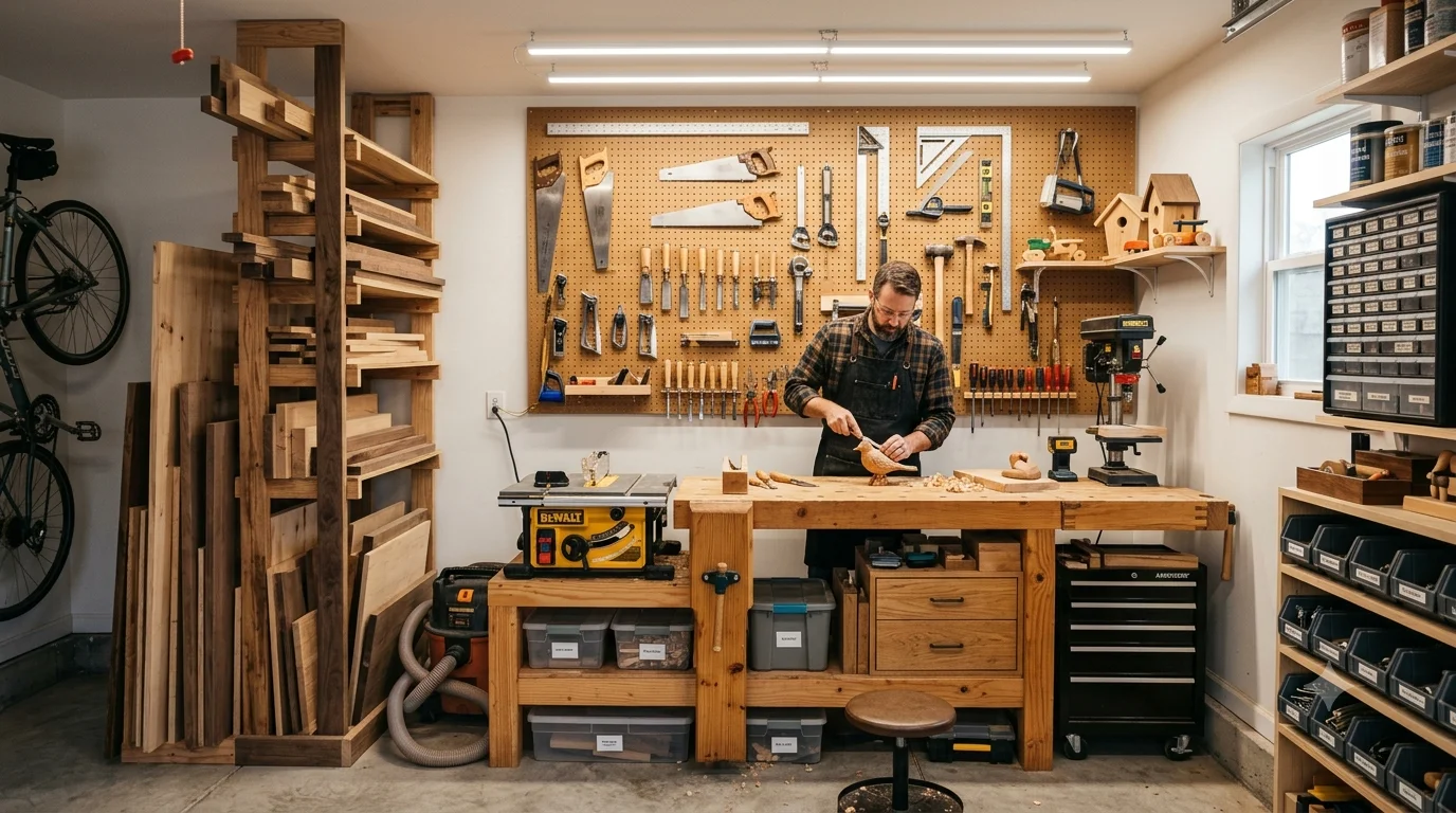 A bearded man in a plaid shirt and apron carves a piece of wood at a workbench in a hyper-organized small garage workshop with extensive pegboard storage, wood racks, and tools.