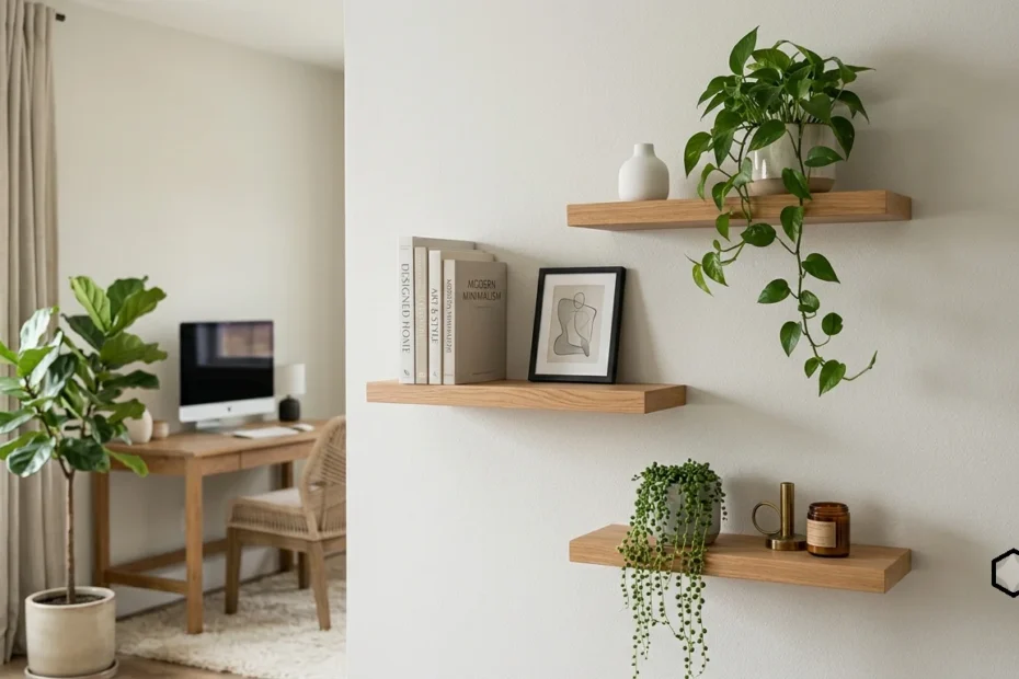A set of three staggered, natural wood floating shelves mounted on a clean white wall in a sunlit room, decorated with trailing green plants, stacked books, and a small framed piece of minimalist art.