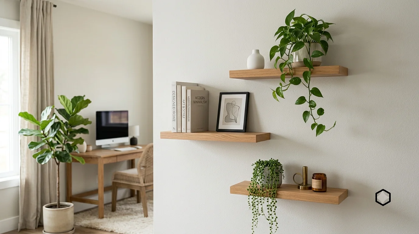A set of three staggered, natural wood floating shelves mounted on a clean white wall in a sunlit room, decorated with trailing green plants, stacked books, and a small framed piece of minimalist art.