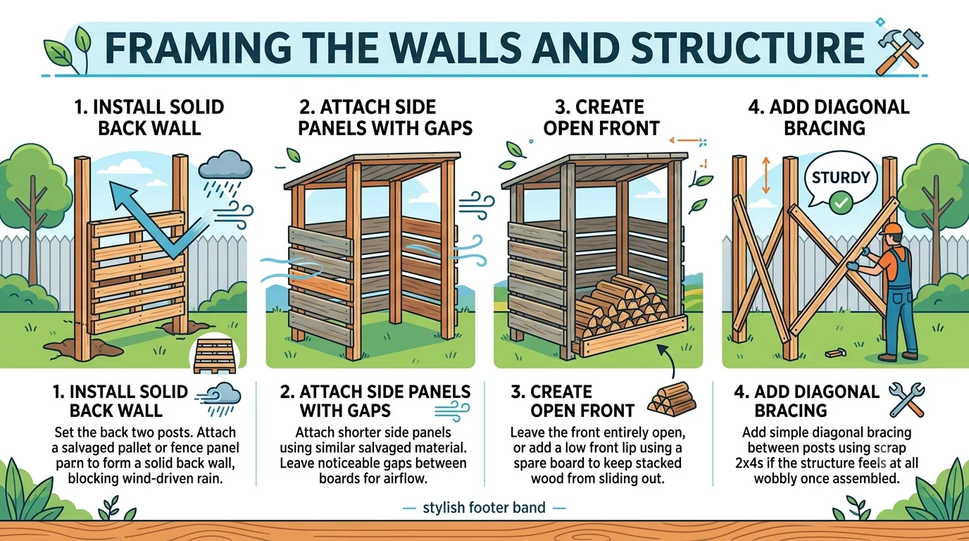 An infographic titled "Framing the Walls and Structure" with a 16:9 aspect ratio, showing four step-by-step illustrations for building a wood shed structure using salvaged pallets and boards.