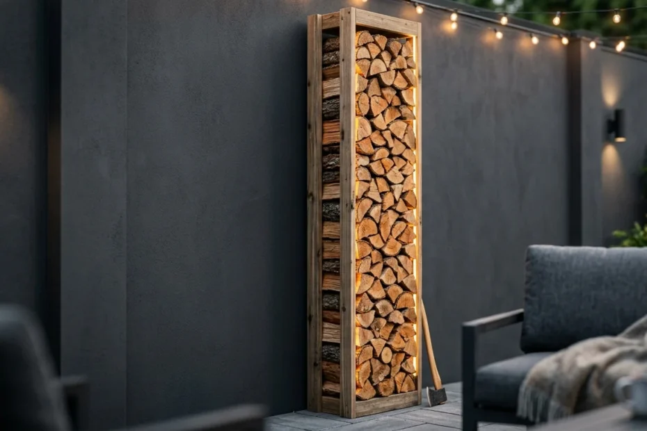 A modern, narrow wooden firewood rack with warm integrated lighting, filled with stacked split logs, stands against a dark grey wall in a patio setting.