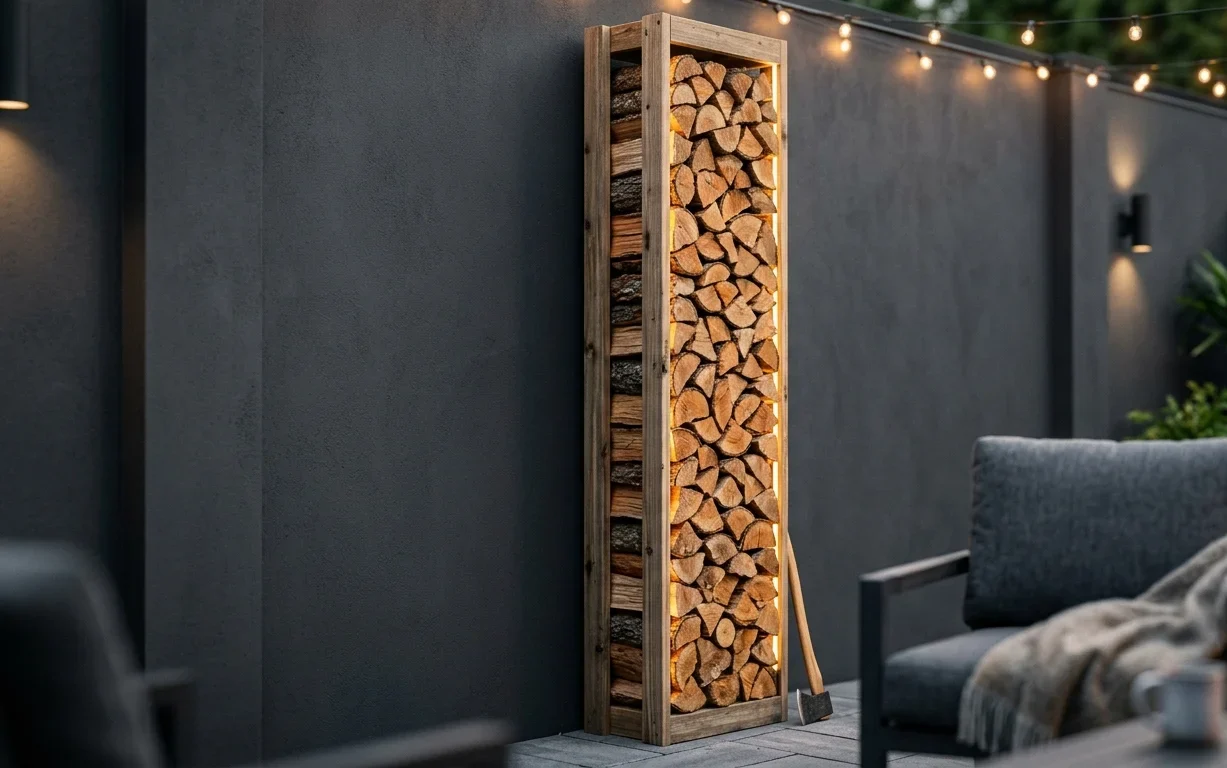 A modern, narrow wooden firewood rack with warm integrated lighting, filled with stacked split logs, stands against a dark grey wall in a patio setting.