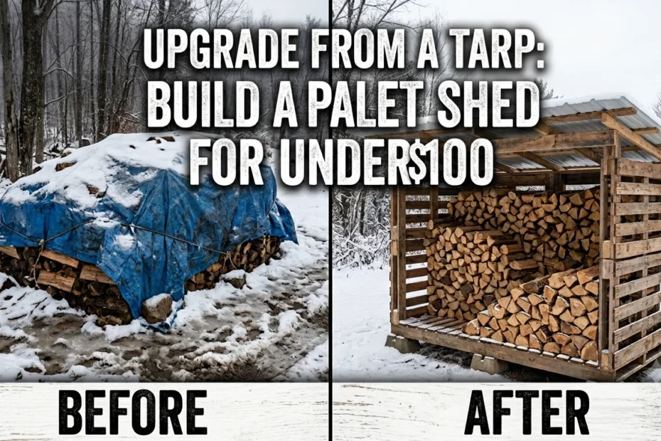 A side-by-side comparison labeled "BEFORE" showing messy firewood under a blue tarp in the snow, and "AFTER" showing a neat, small, pallet-constructed wood shed. Overlay text reads: UPGRADE FROM A TARP: BUILD A PALLET SHED FOR UNDER $100.