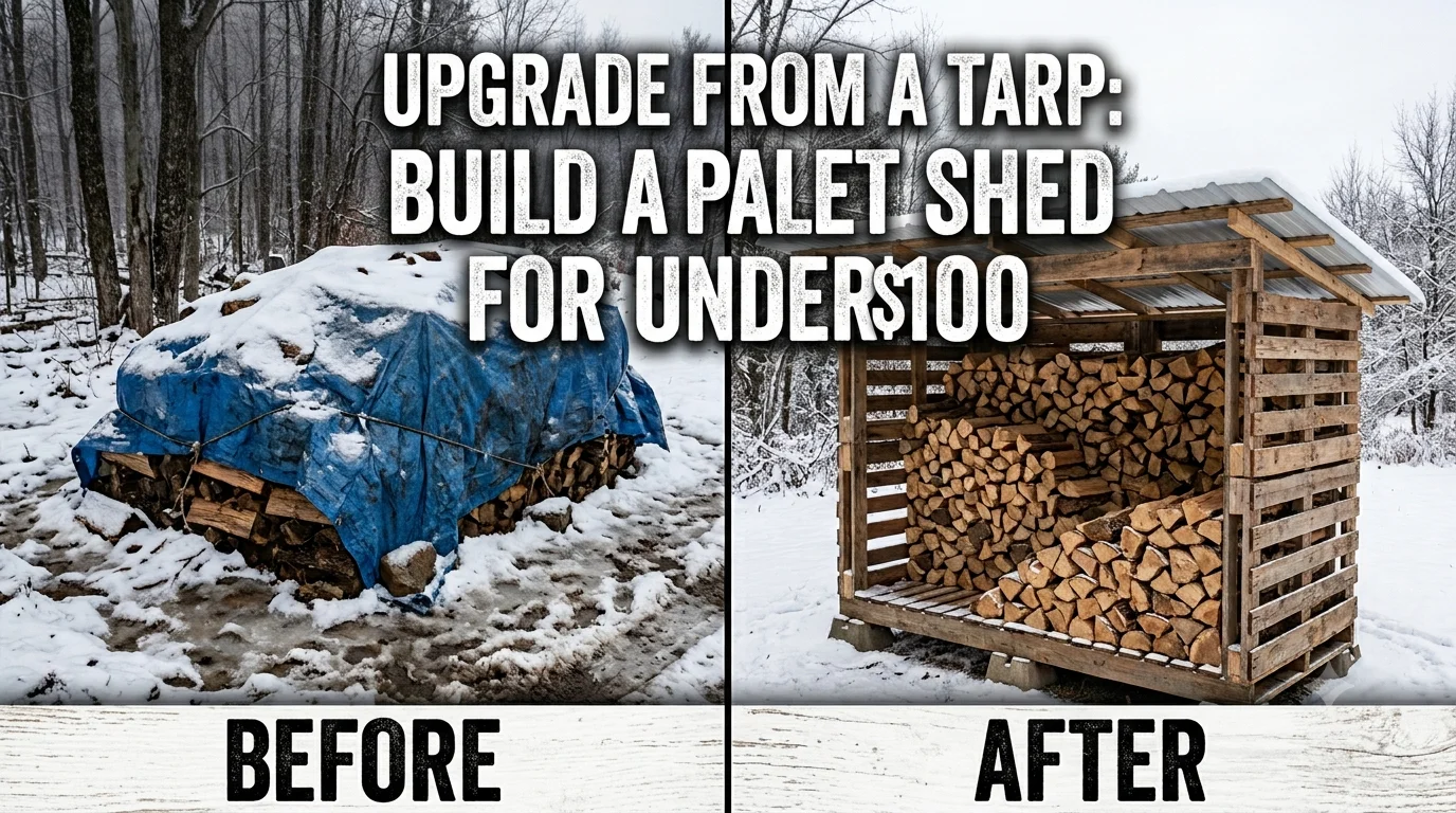 A side-by-side comparison labeled "BEFORE" showing messy firewood under a blue tarp in the snow, and "AFTER" showing a neat, small, pallet-constructed wood shed. Overlay text reads: UPGRADE FROM A TARP: BUILD A PALLET SHED FOR UNDER $100.