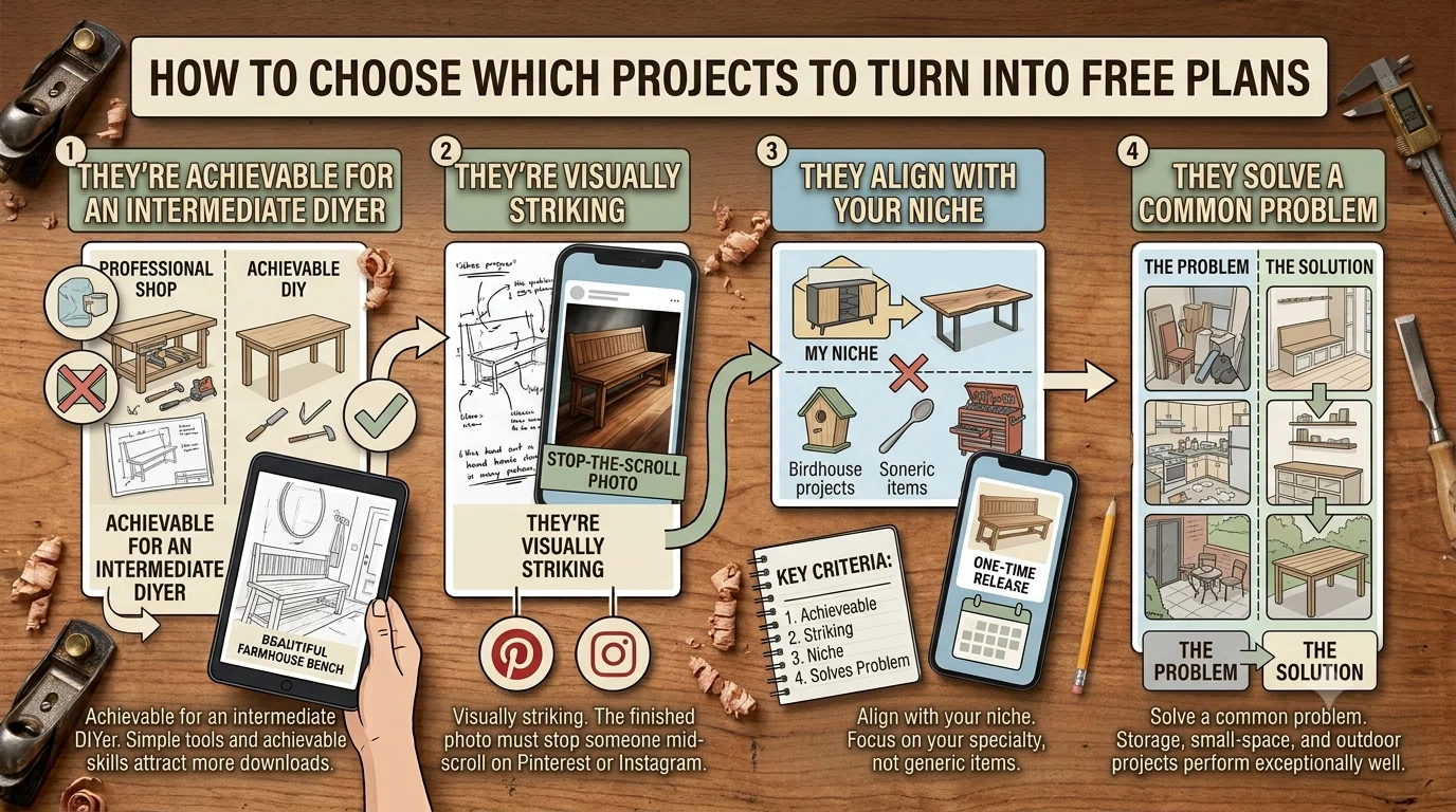Woodworking infographic titled "How to Choose Which Projects to Turn Into Free Plans," detailing four selection criteria: achievable for intermediate DIYers, visually striking, aligned with your niche, and solving a common problem.