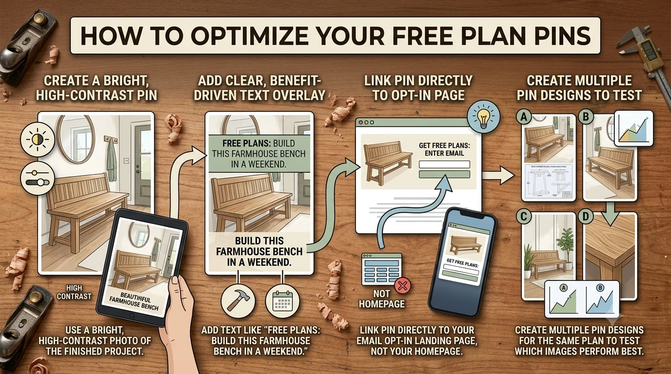 Pinterest marketing infographic titled "How to Optimize Your Free Plan Pins," illustrating four steps: use high-contrast photos, add benefit-driven text overlays, link directly to opt-in landing pages, and test multiple pin designs.
