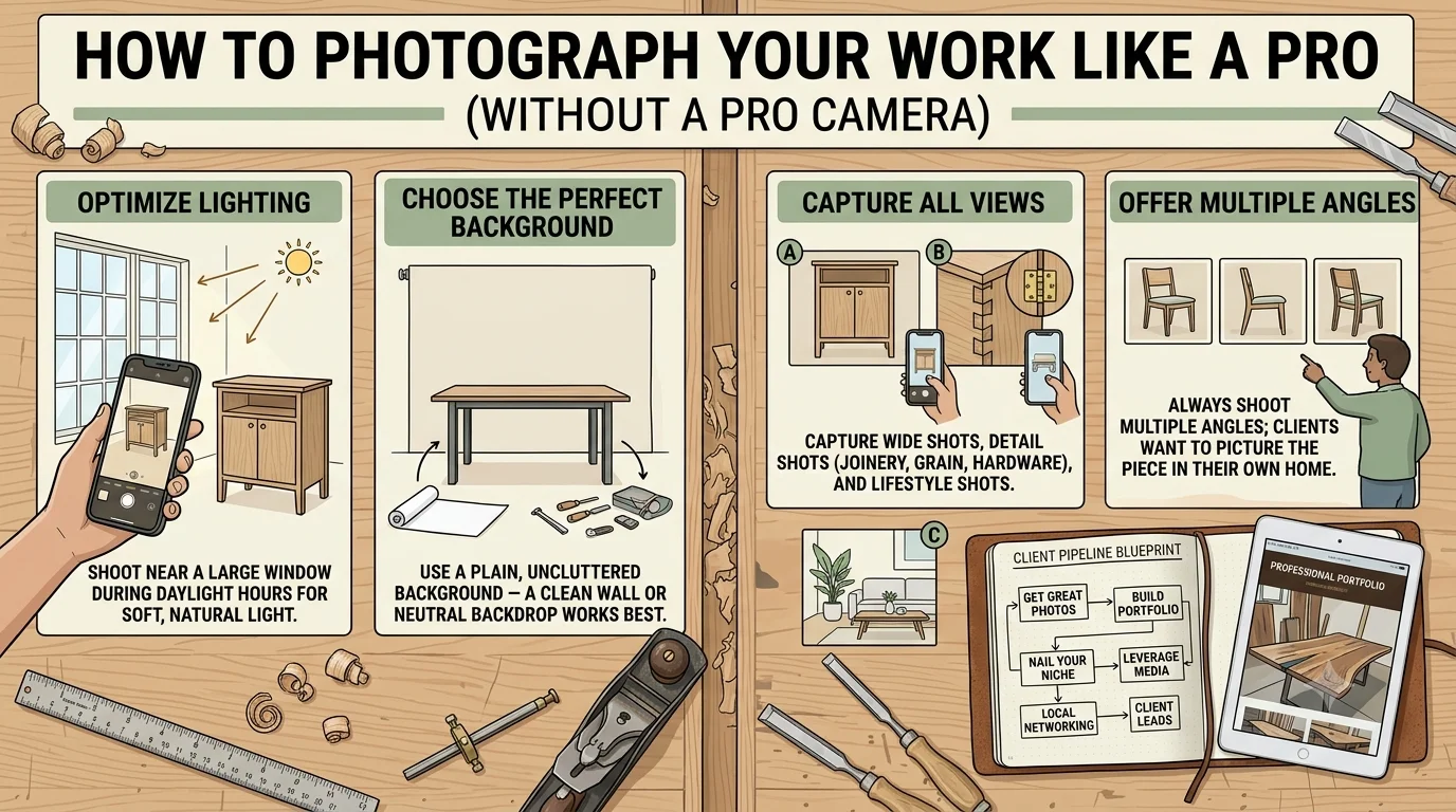 Woodworking photography infographic titled "How to Photograph Your Work Like a Pro," detailing four steps: optimize lighting, choose the background, capture all views, and offer multiple angles, presented with illustrations on a workbench with tools.