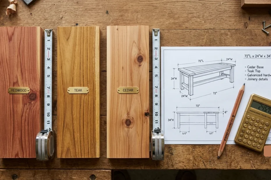 Wood samples of redwood, teak, and cedar next to tape measures, a bench design blueprint, a pencil, and a calculator on a wooden workbench.
