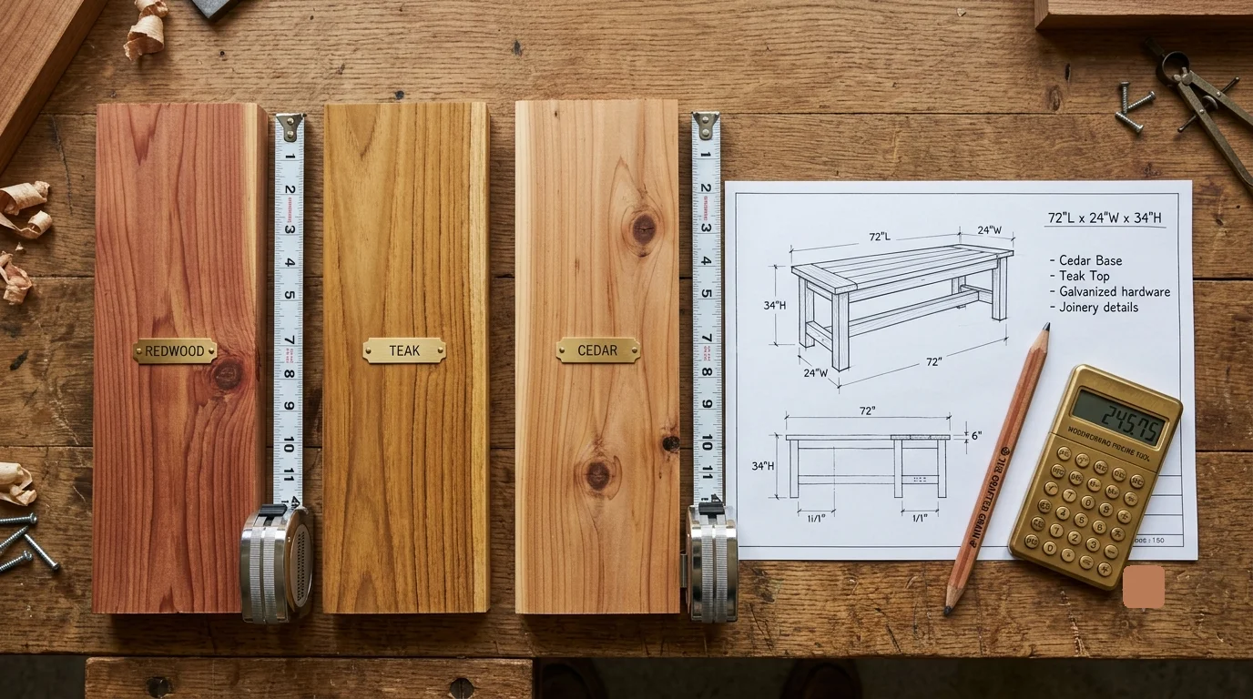 Wood samples of redwood, teak, and cedar next to tape measures, a bench design blueprint, a pencil, and a calculator on a wooden workbench.