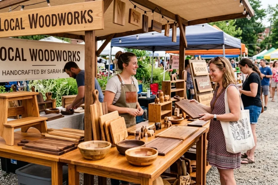 A female artisan wearing an apron smiles while talking with a customer holding a handcrafted wooden board at a vibrant, sunlit outdoor craft market booth filled with wooden goods.