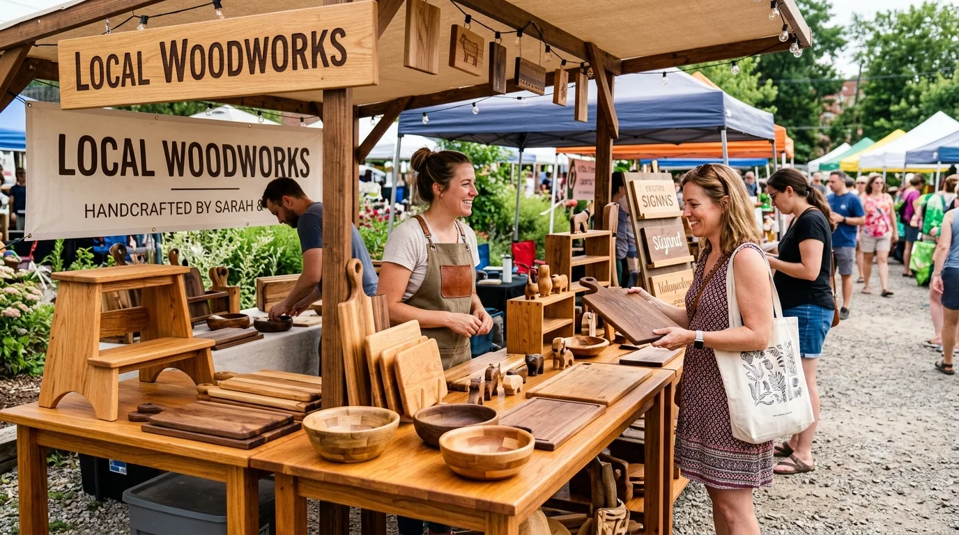 A female artisan wearing an apron smiles while talking with a customer holding a handcrafted wooden board at a vibrant, sunlit outdoor craft market booth filled with wooden goods.