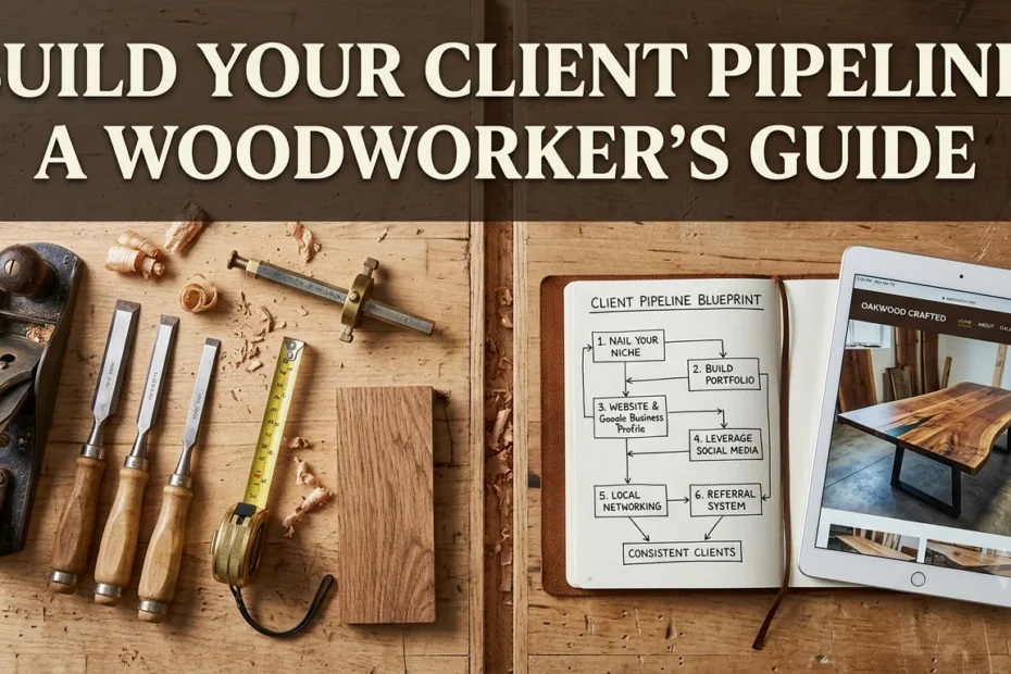 Flat-lay of a wooden workbench featuring traditional woodworking tools alongside an open notebook with a flowchart and a tablet showing a furniture portfolio.