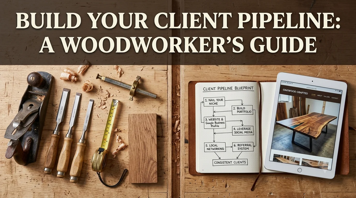 Flat-lay of a wooden workbench featuring traditional woodworking tools alongside an open notebook with a flowchart and a tablet showing a furniture portfolio.