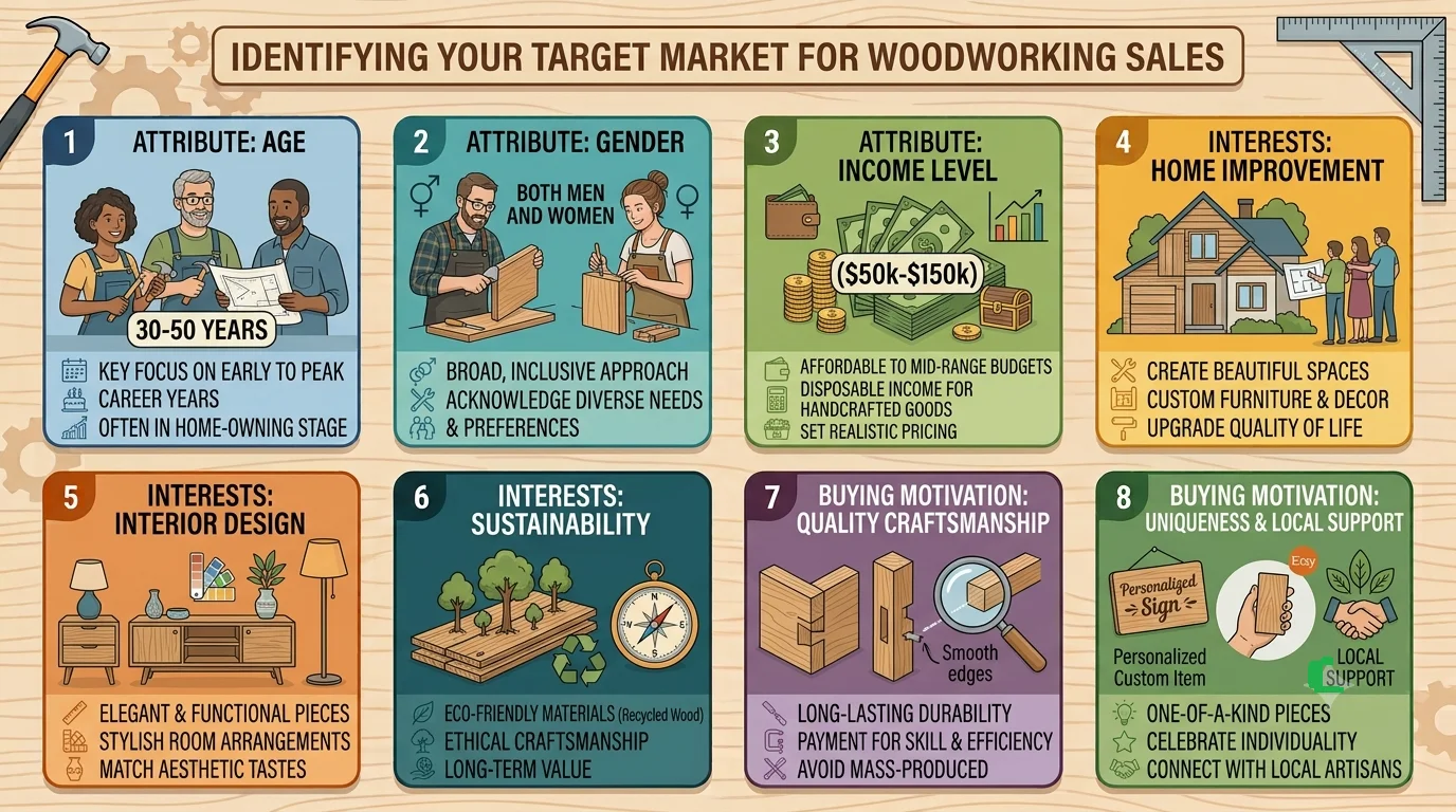 Infographic titled "Identifying Your Target Market for Woodworking Sales" breaking down a buyer persona across eight panels: age, gender, income level, home improvement interests, interior design, sustainability, quality craftsmanship, and local support.