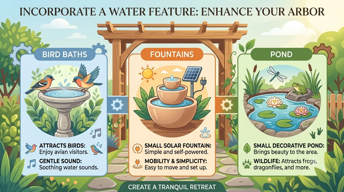 An infographic titled "Incorporate a Water Feature: Enhance Your Arbor" featuring three columns: Bird Baths, Fountains, and Pond, each with illustrative icons and brief descriptions of how they add beauty and wildlife to a garden structure.