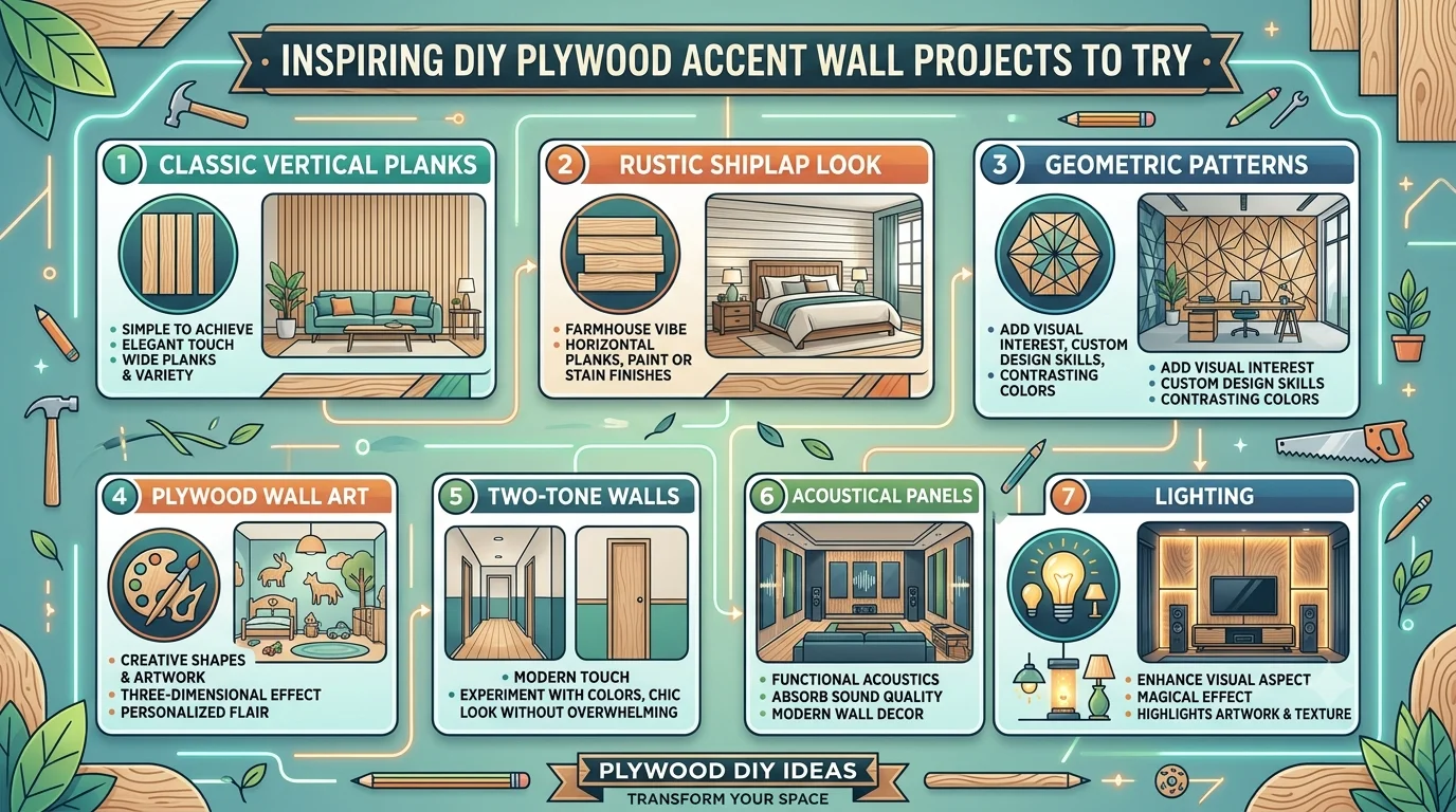 An infographic titled "Inspiring DIY Plywood Accent Wall Projects to Try" showcasing seven design ideas: classic vertical planks, rustic shiplap look, geometric patterns, plywood wall art, two-tone walls, acoustical panels, and lighting, each with its own descriptive box and room illustration.