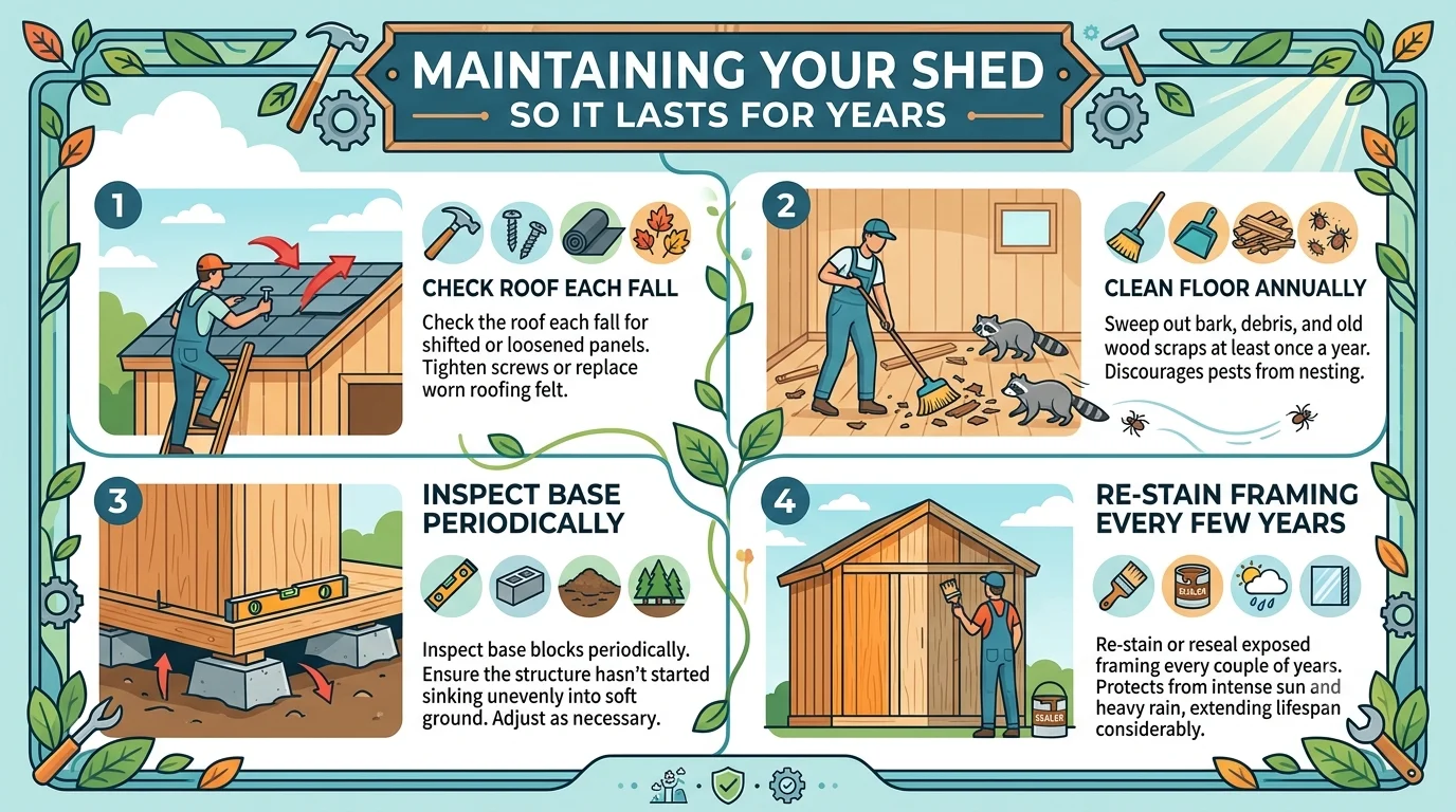 An infographic titled "MAINTAINING YOUR SHED SO IT LASTS FOR YEARS," featuring four illustrated panels with maintenance tips: 1. CHECK ROOF EACH FALL, showing a man fixing a shingle roof; 2. CLEAN FLOOR ANNUALLY, depicting a person sweeping wood scraps and pests; 3. INSPECT BASE PERIODICALLY, illustrating leveling a shed foundation on concrete blocks; 4. RE-STAIN FRAMING EVERY FEW YEARS, showing a worker staining the shed's wood siding.