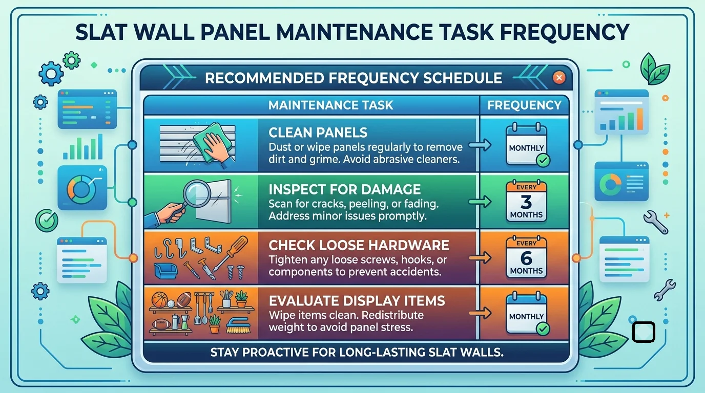 A digital infographic with a blue background, titled "Slat Wall Panel Maintenance Task Frequency". It has a central table with four colored sections: blue for cleaning (Monthly), green for inspecting (Every 3 months), brown for checking hardware (Every 6 months), and orange for evaluating display items (Monthly). Each section has a small icon and a short description, with a column indicating frequency. Surrounding elements include gear icons, graphs, and leaves.