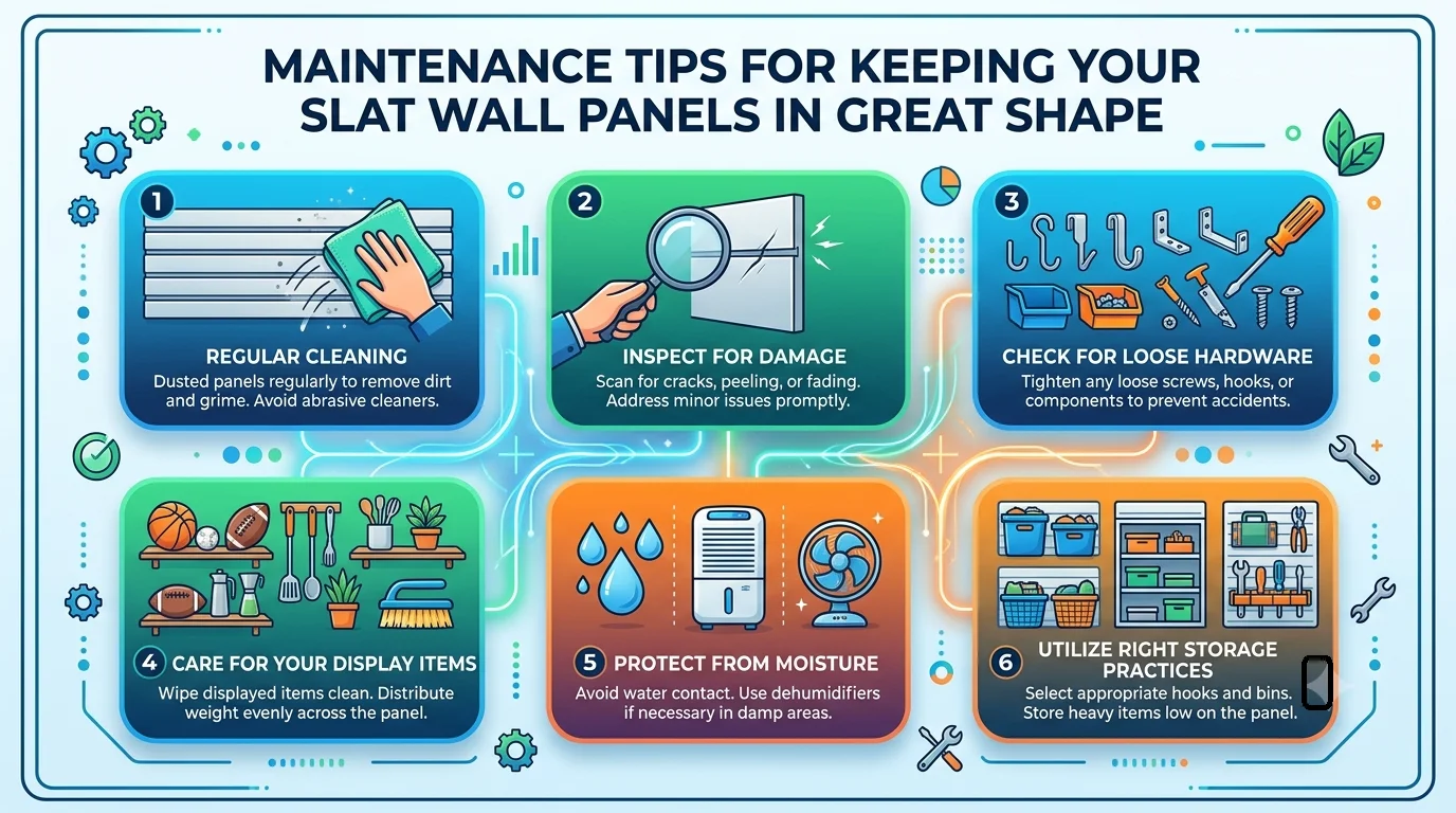 An infographic detailing six maintenance tips for slat wall panels, including regular cleaning, inspecting for damage, checking hardware, caring for displays, protecting from moisture, and using proper storage. Each tip features a colorful icon and description within a structured, modern layout.