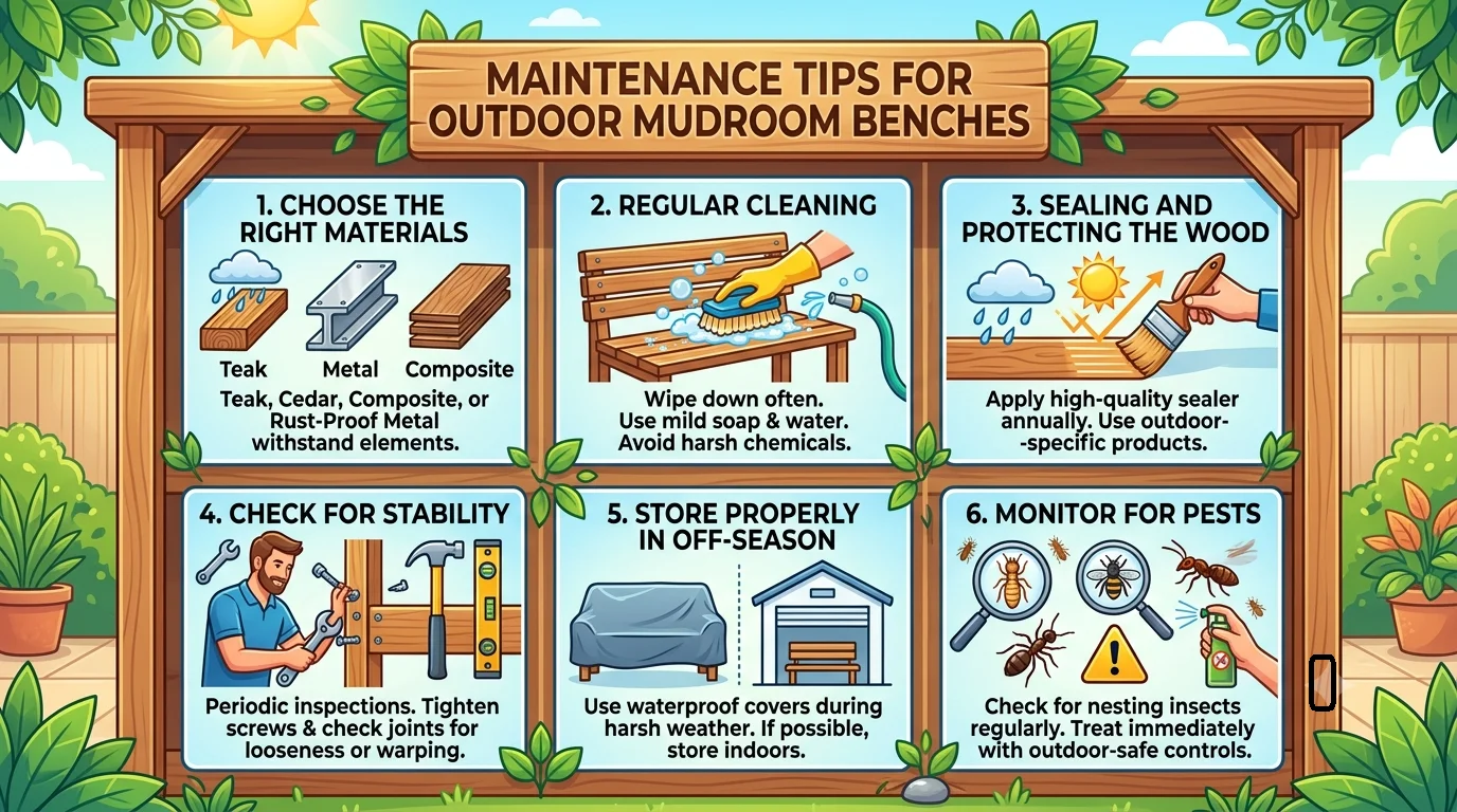 An infographic in a 16:9 ratio titled "MAINTENANCE TIPS FOR OUTDOOR MUDROOM BENCHES," featuring six numbered panels on a wooden board background outlining material choice, cleaning, sealing, stability checks, off-season storage, and pest monitoring.