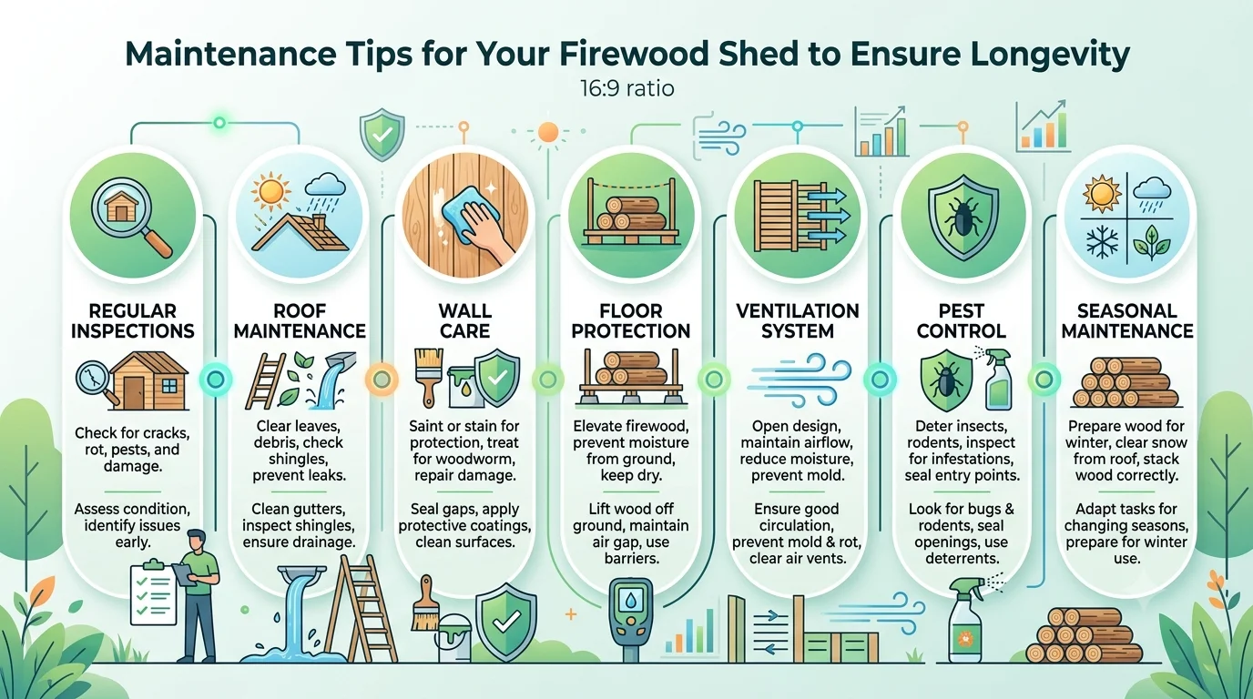 An infographic titled "Maintenance Tips for Your Firewood Shed to Ensure Longevity" featuring seven vertical columns detailing regular inspections, roof maintenance, wall care, floor protection, ventilation system, pest control, and seasonal maintenance.