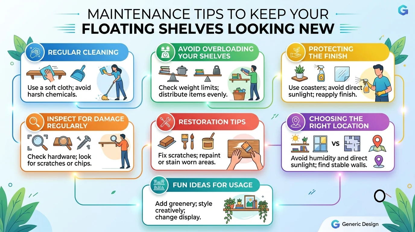 An infographic titled "Maintenance Tips to Keep Your Floating Shelves Looking New" in a 16:9 aspect ratio, presenting seven colored panels with descriptive icons and simple text instructions for shelf care and styling.