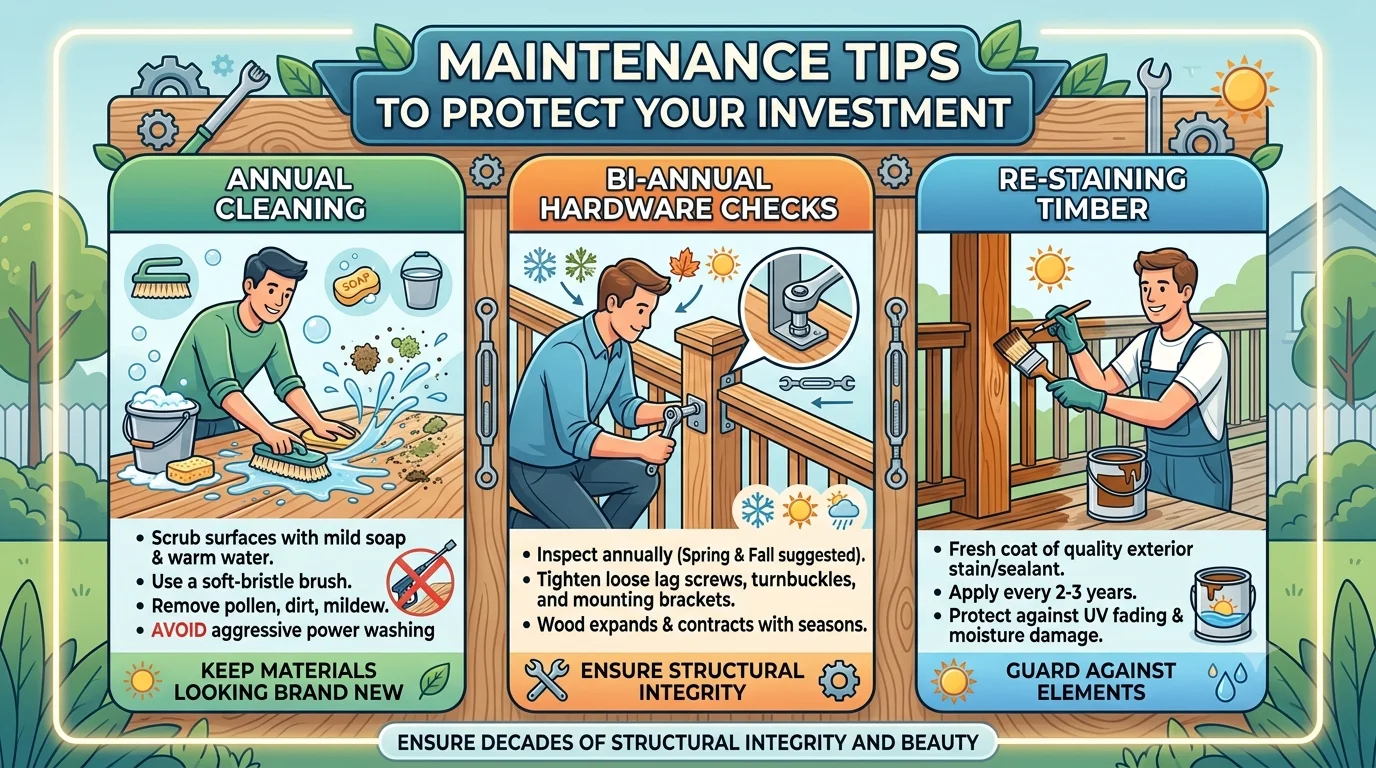 An infographic titled "Maintenance Tips to Protect Your Investment" in a 16:9 ratio, detailing three seasonal routines for deck upkeep