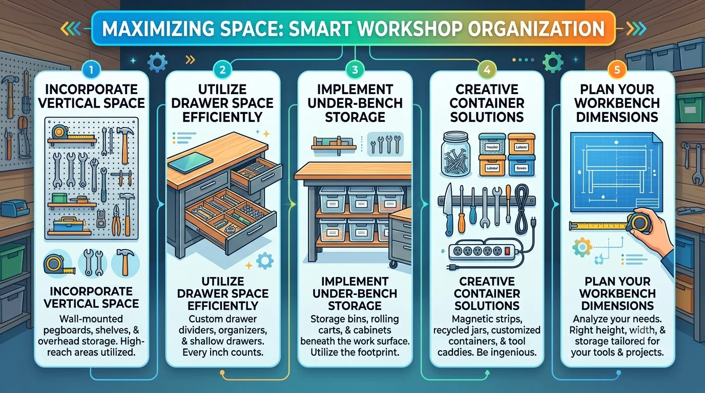 A workshop infographic titled "MAXIMIZING SPACE: SMART WORKSHOP ORGANIZATION" featuring a five-step, flowchart-style layout for better efficiency