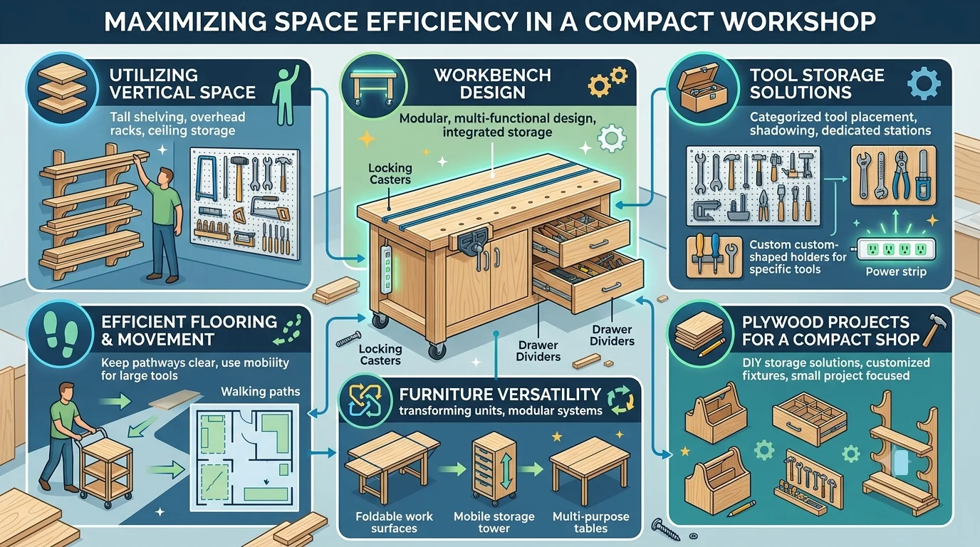 An organizational workshop infographic titled "MAXIMIZING SPACE EFFICIENCY IN A COMPACT WORKSHOP" arranged into six labeled layout panels surrounding a central workbench