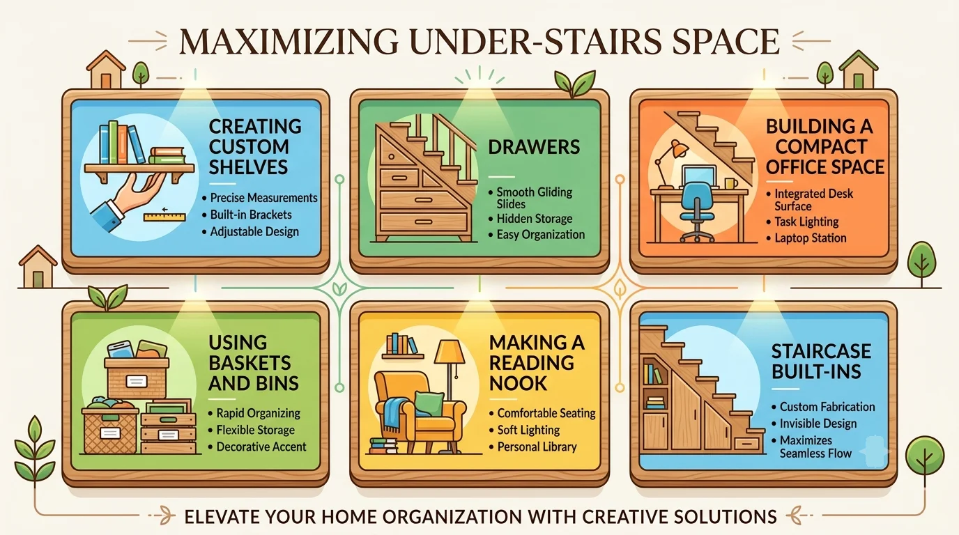An infographic titled "Maximizing Under-Stairs Space" in a 16:9 layout. It features six wood-bordered panels lit by spotlights, illustrating creative organization ideas: Creating Custom Shelves, Drawers, Building a Compact Office Space, Using Baskets and Bins, Making a Reading Nook, and Staircase Built-ins, each with brief bullet points.