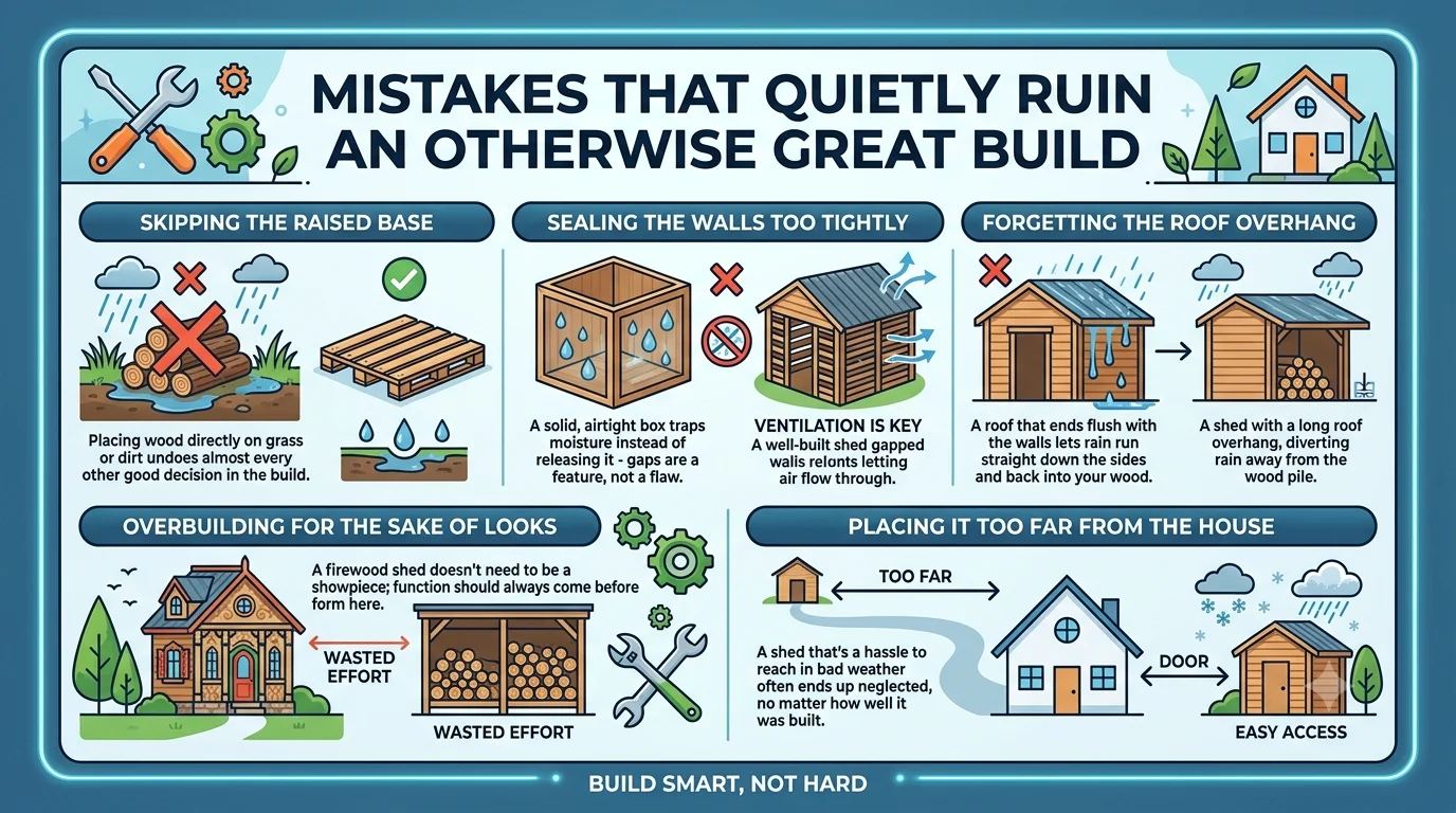 An infographic titled "Mistakes That Quietly Ruin an Otherwise Great Build" in 16:9 ratio, illustrating five common firewood shed errors: skipping a raised base, sealing walls too tightly, omitting roof overhangs, overbuilding for appearance, and placing the shed too far from the house.