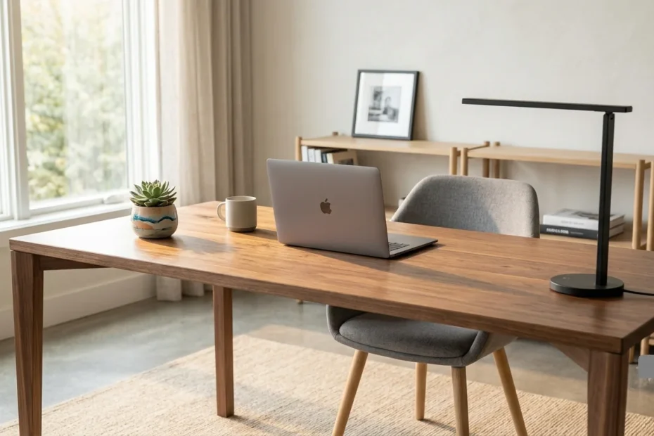 Modern minimalist walnut desk with a laptop, lamp, and succulent in a brightly lit home office.