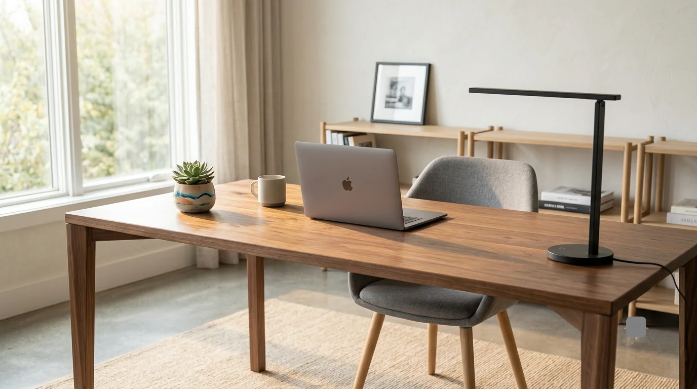 Modern minimalist walnut desk with a laptop, lamp, and succulent in a brightly lit home office.