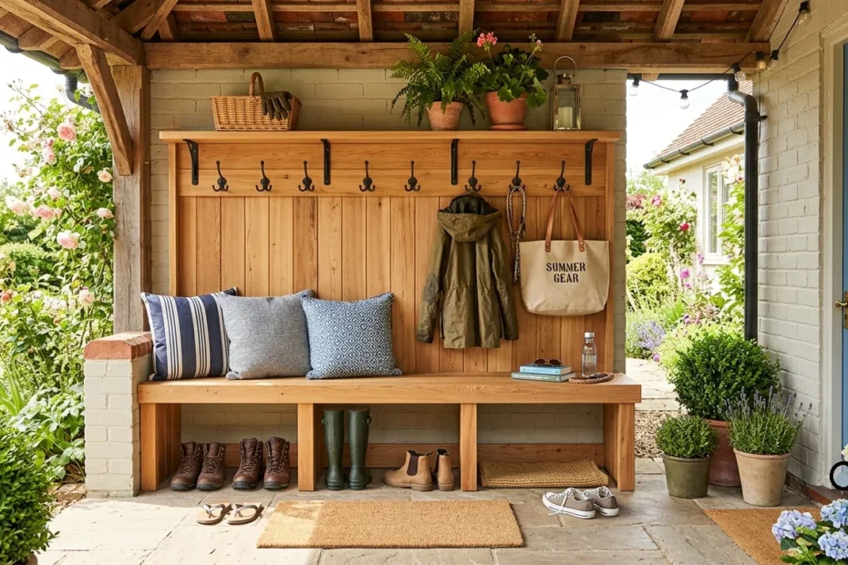A bright, cozy outdoor entryway featuring a styled wooden mudroom bench with built-in boot storage, weather-resistant cushions, hooks, a jacket, and a canvas bag on a covered patio.