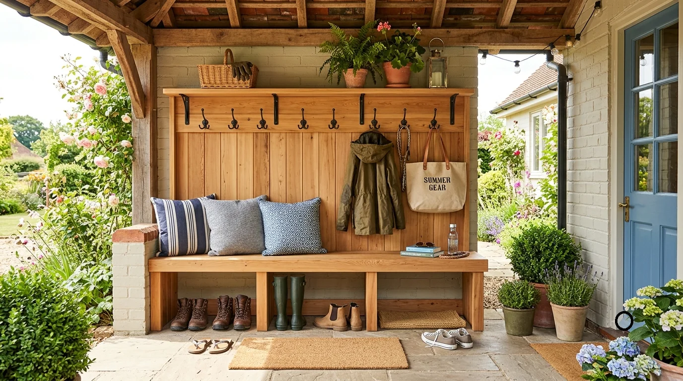 A bright, cozy outdoor entryway featuring a styled wooden mudroom bench with built-in boot storage, weather-resistant cushions, hooks, a jacket, and a canvas bag on a covered patio.