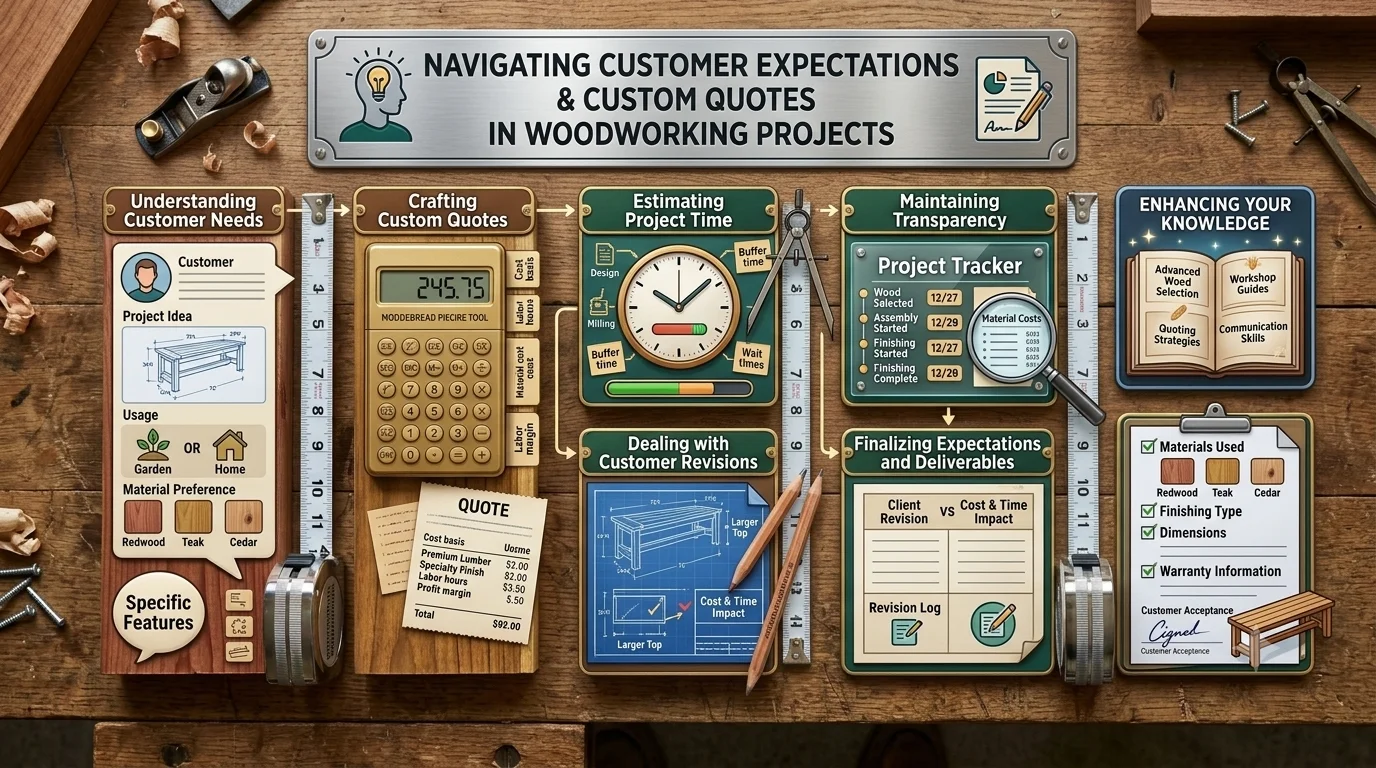 Woodworking infographic showing the 7-step process from client discovery to final acceptance, centered on a workbench.