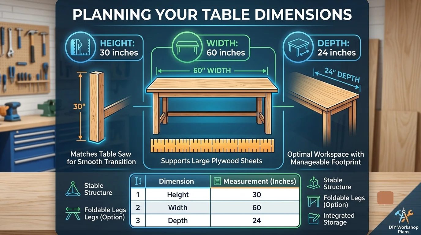 A woodworking infographic titled "PLANNING YOUR TABLE DIMENSIONS" featuring diagrams of a workbench with specific measurement callouts