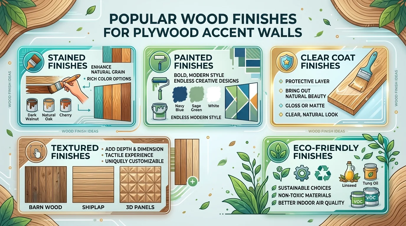 An infographic titled "Popular Wood Finishes for Plywood Accent Walls" showing five distinct sections for stained finishes, painted finishes, clear coat finishes, textured finishes, and eco-friendly finishes with illustrative graphics and sample colors.