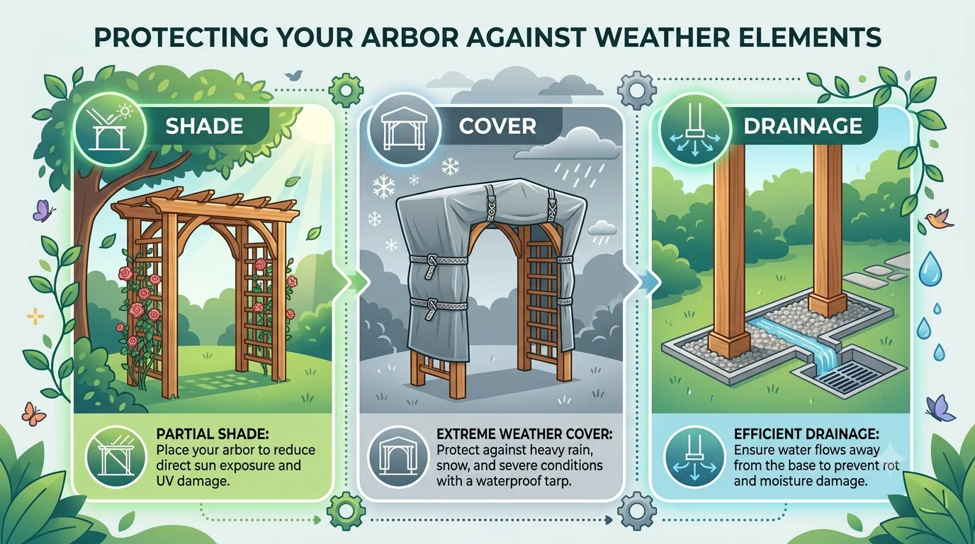 An infographic titled "Protecting Your Arbor Against Weather Elements" showing three panels: "Shade" demonstrating partial shade to reduce UV damage, "Cover" showing a tarp protecting the structure from rain and snow, and "Drainage" illustrating a water runoff system at the base of the posts to prevent rot.