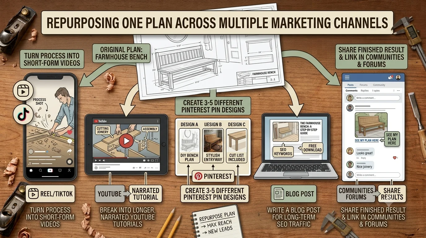 Marketing infographic titled "Repurposing One Plan Across Multiple Marketing Channels," showing how a single blueprint converts into short-form videos, YouTube tutorials, Pinterest pins, blog posts, and community forum shares.