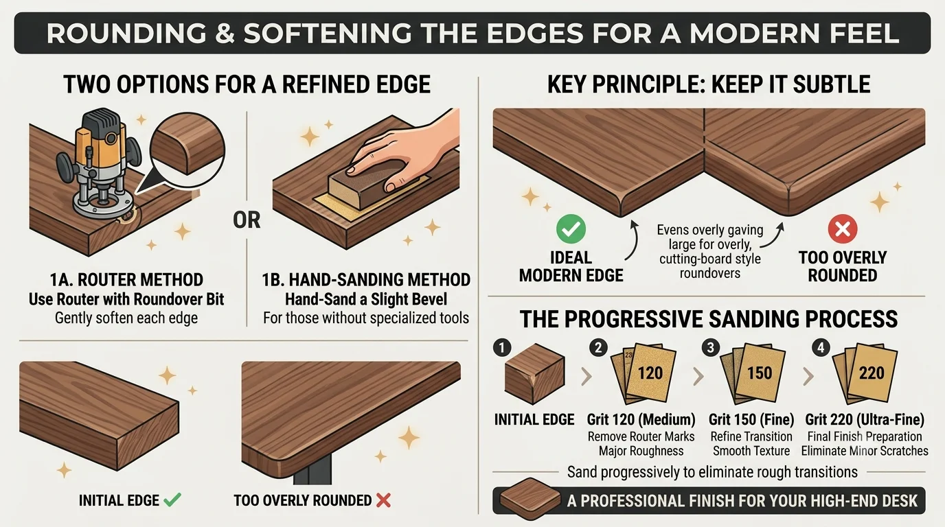 Woodworking infographic detailing techniques for rounding and softening desk edges, comparing router and hand-sanding methods, illustrating optimal subtle roundovers versus excessive ones, and outlining a progressive sandpaper grit sequence for a professional finish.