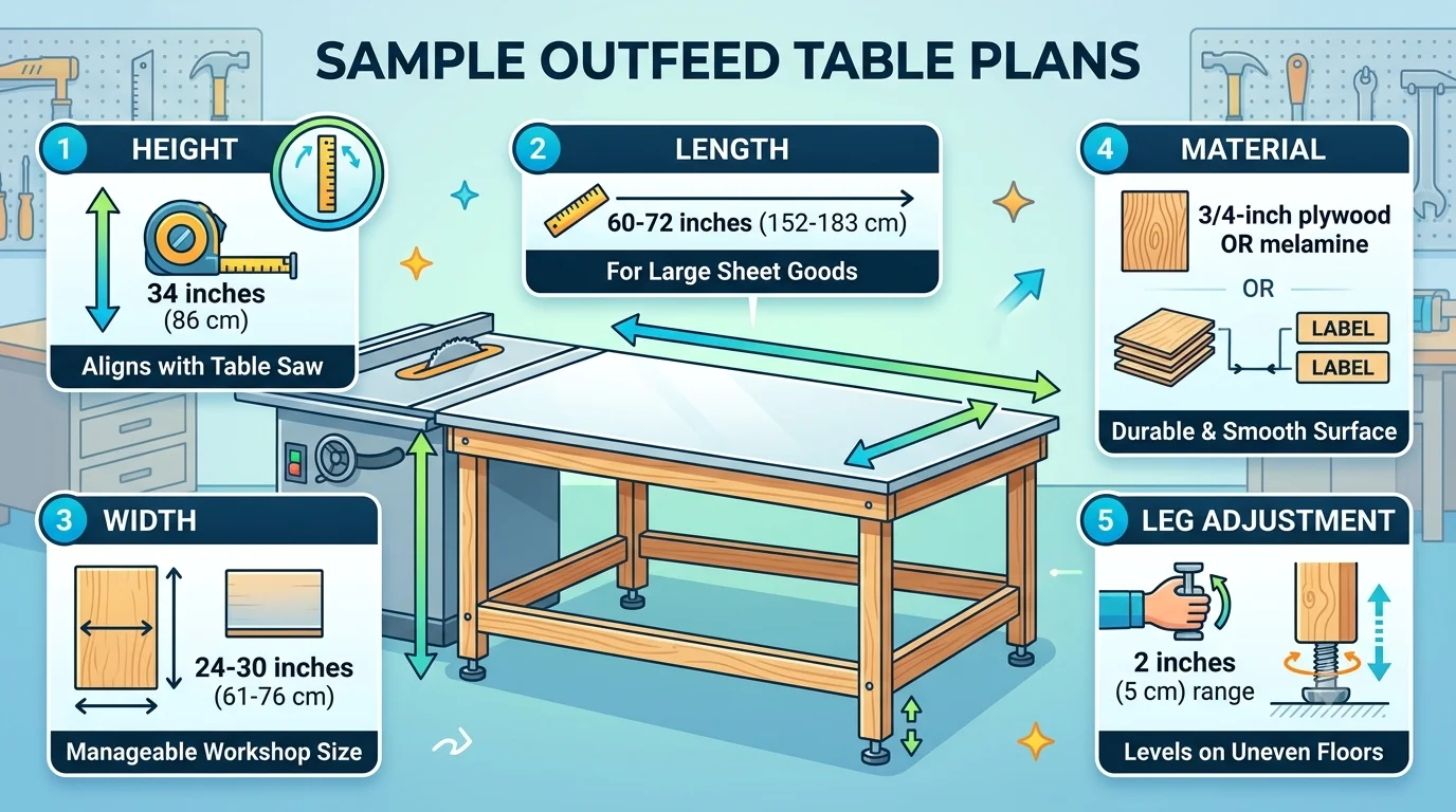 An infographic diagram titled "SAMPLE OUTFEED TABLE PLANS" illustrating five key features. The central image shows a wooden workbench and table saw in a workshop with measuring arrows for length and height.
