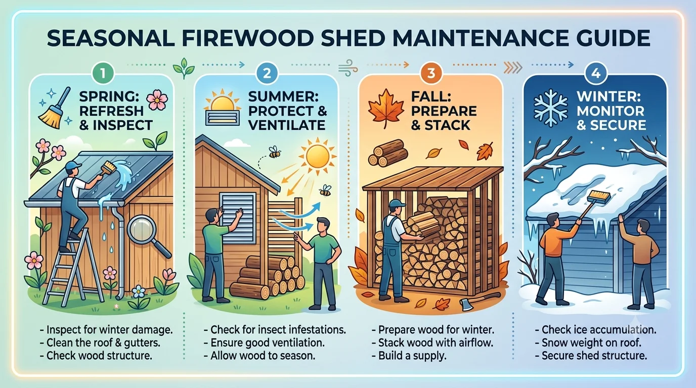 An infographic titled "Seasonal Firewood Shed Maintenance Guide" split into four panels illustrating maintenance tasks for Spring, Summer, Fall, and Winter.