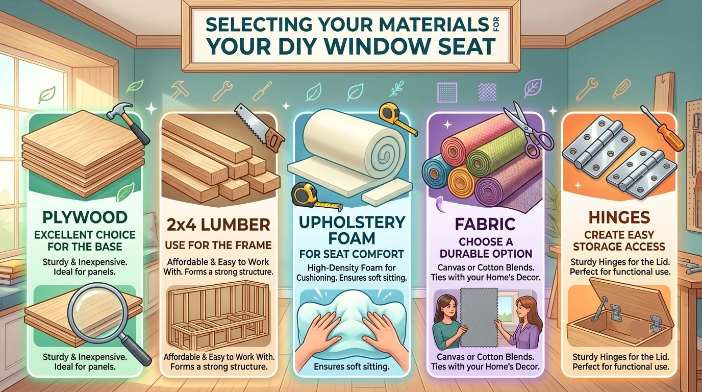An infographic titled "Selecting Your Materials for Your DIY Window Seat," presented in a colorful, illustrated style. Five rounded vertical cards with distinct colored borders showcase different materials: Plywood (green), 2x4 Lumber (brown), Upholstery Foam (blue), Fabric (purple), and Hinges (orange).