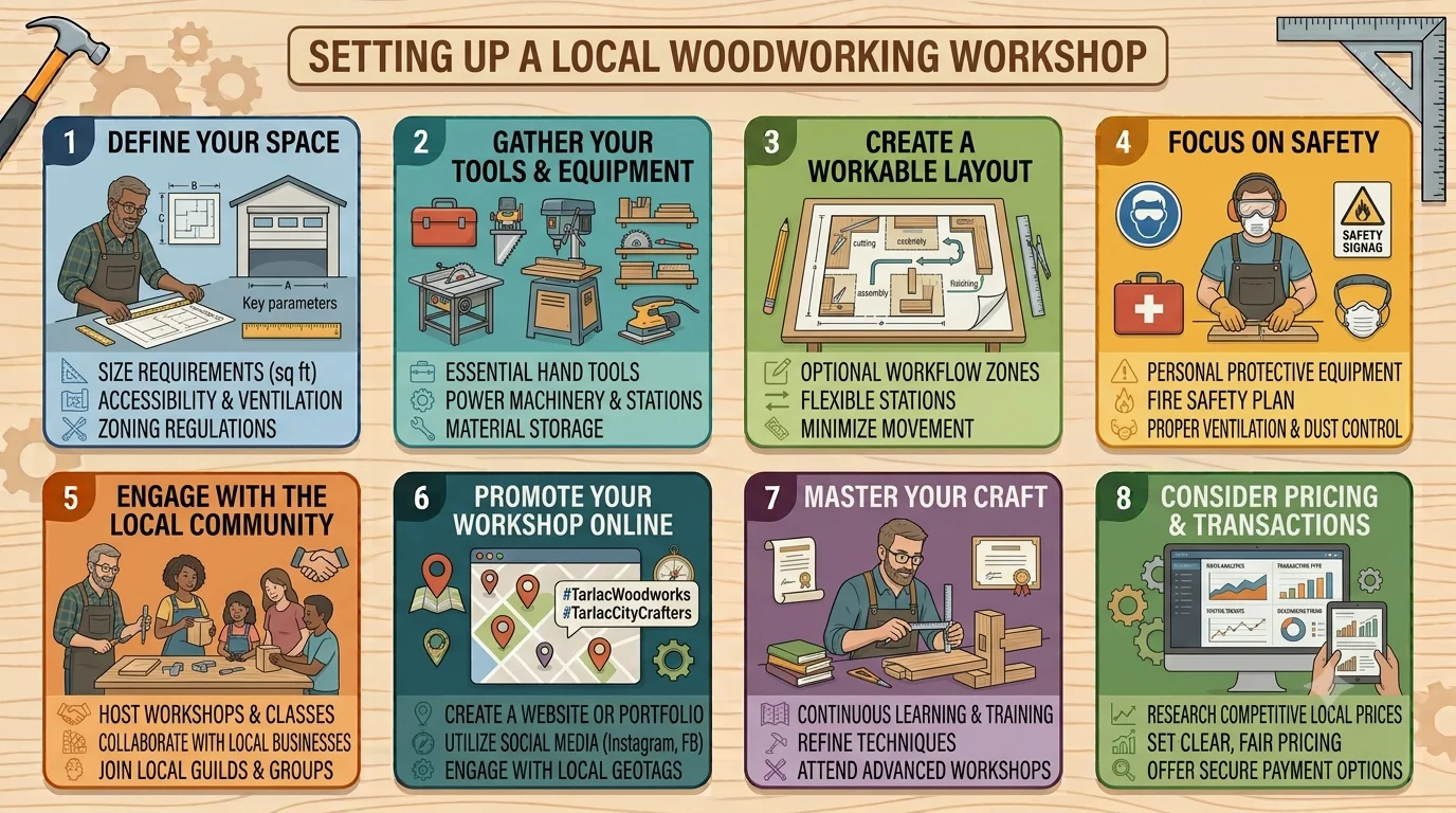 Infographic titled "Setting Up a Local Woodworking Workshop" illustrating eight key steps: defining your space, gathering tools, creating a workable layout, focusing on safety, engaging with the local community, promoting online, mastering your craft, and considering pricing and transactions.